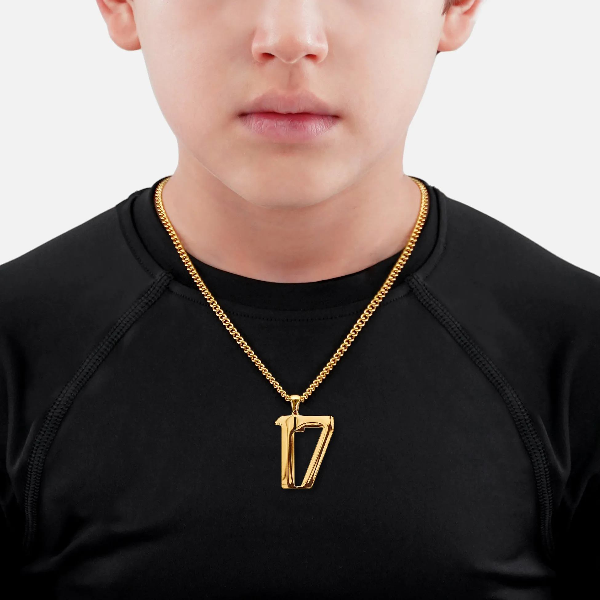 17 Number Pendant with Chain Kids Necklace - Gold Plated Stainless Steel