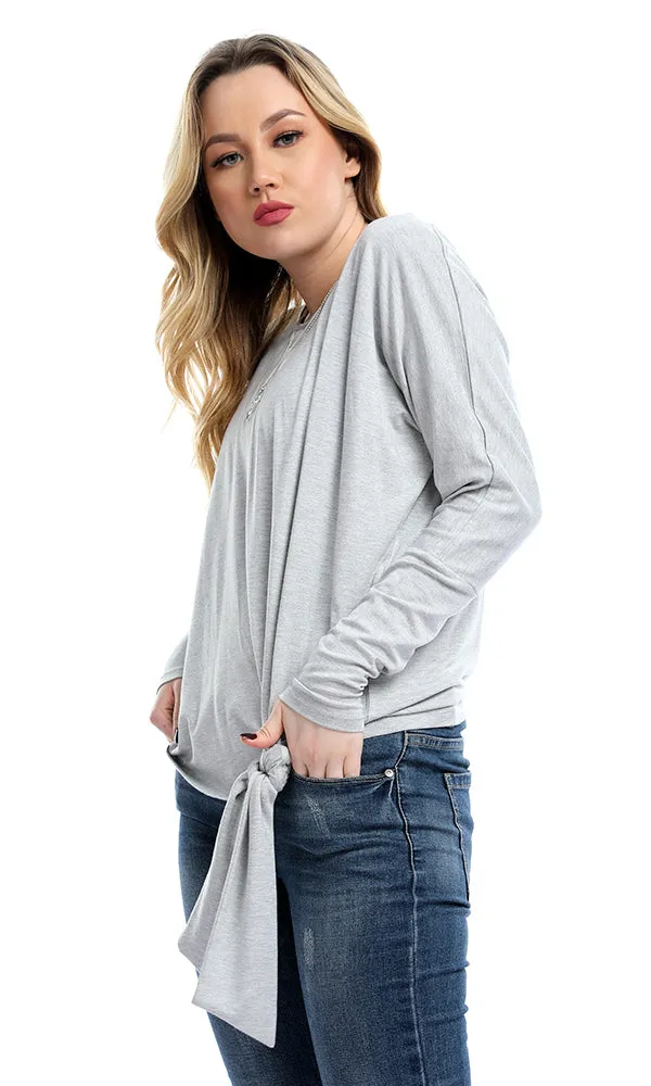 53474 Side Bow Tie Long Sleeves Crew Neck Top - Heather Grey