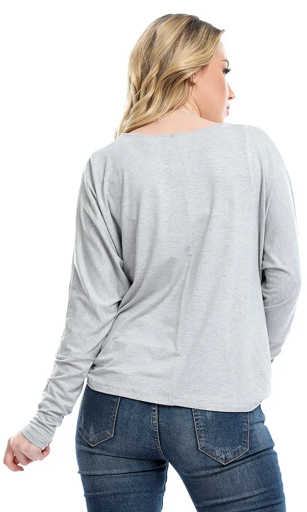 53474 Side Bow Tie Long Sleeves Crew Neck Top - Heather Grey