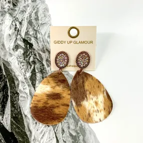 AB Crystal Copper Tone Stud Earrings with Hanging Teardrop in Brown, Tan, and Ivory Cow Print