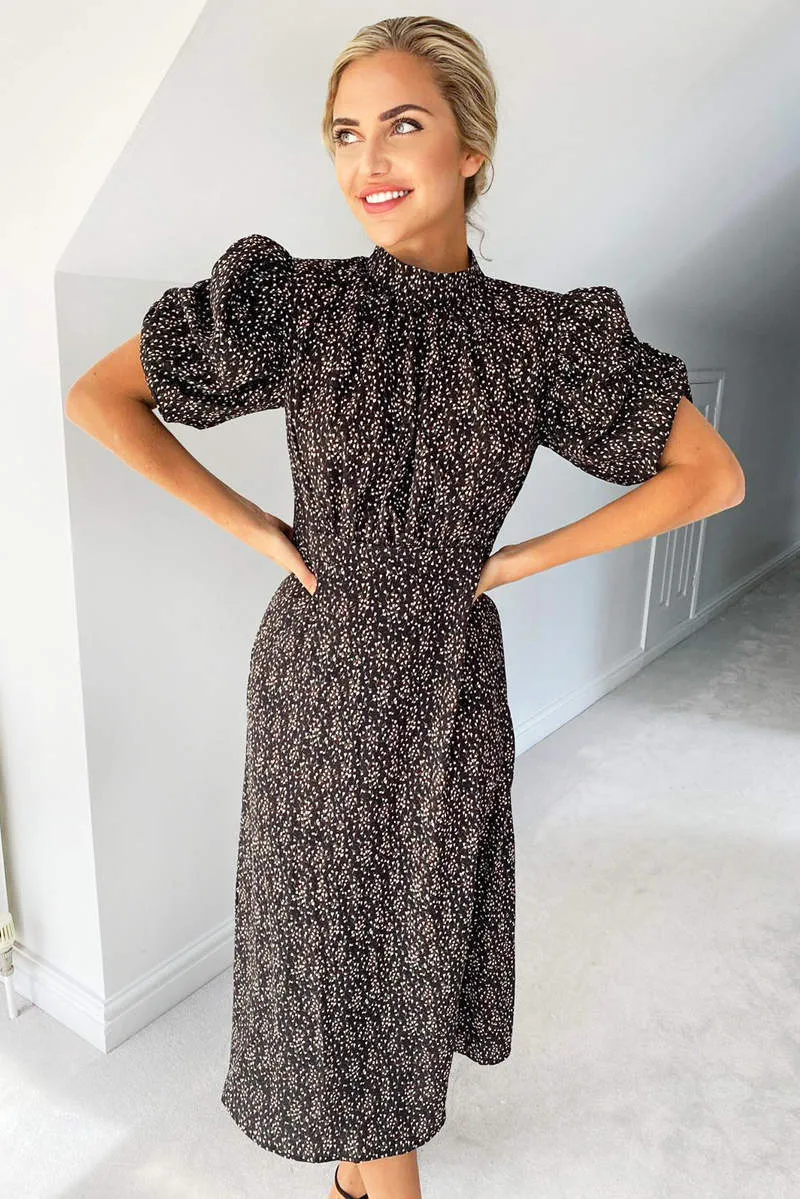 Black Ditsy Floral Puff Sleeve Midi Dress