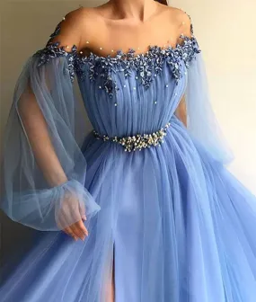 Blue round neck tulle lace applique long prom dress, blue evening dress