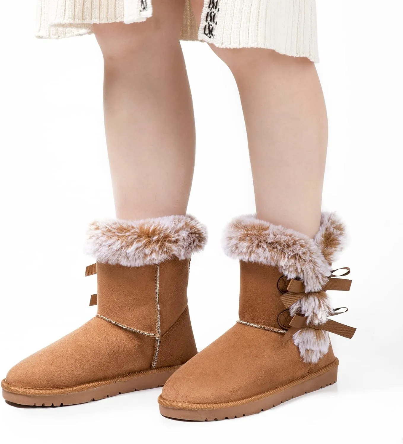 Faux Fur Winter Brown Bow Tie Suede Fluffy Boots
