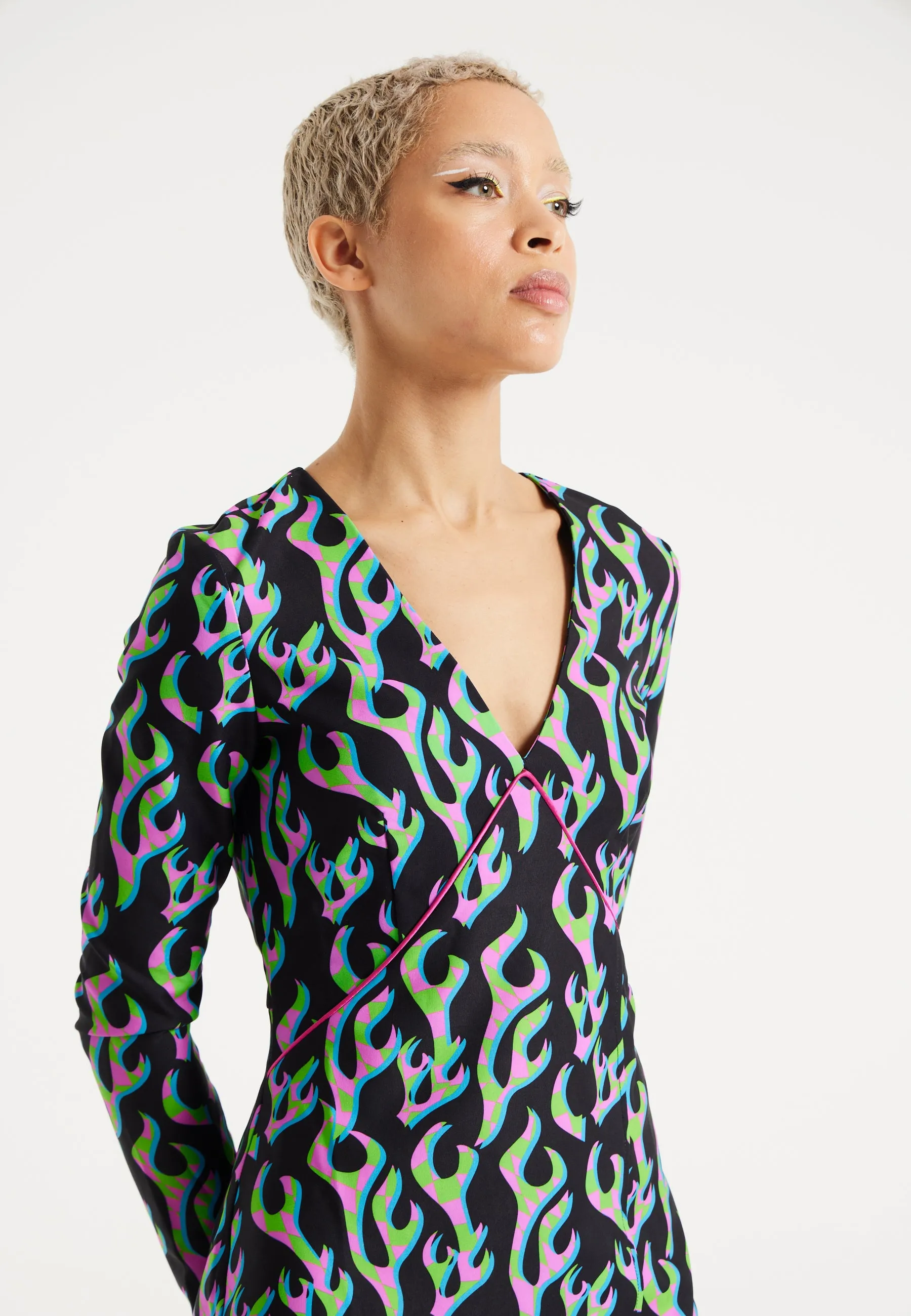 House Of Holland Neon Green And Pink Flame Print Long Sleeve Mini Dress