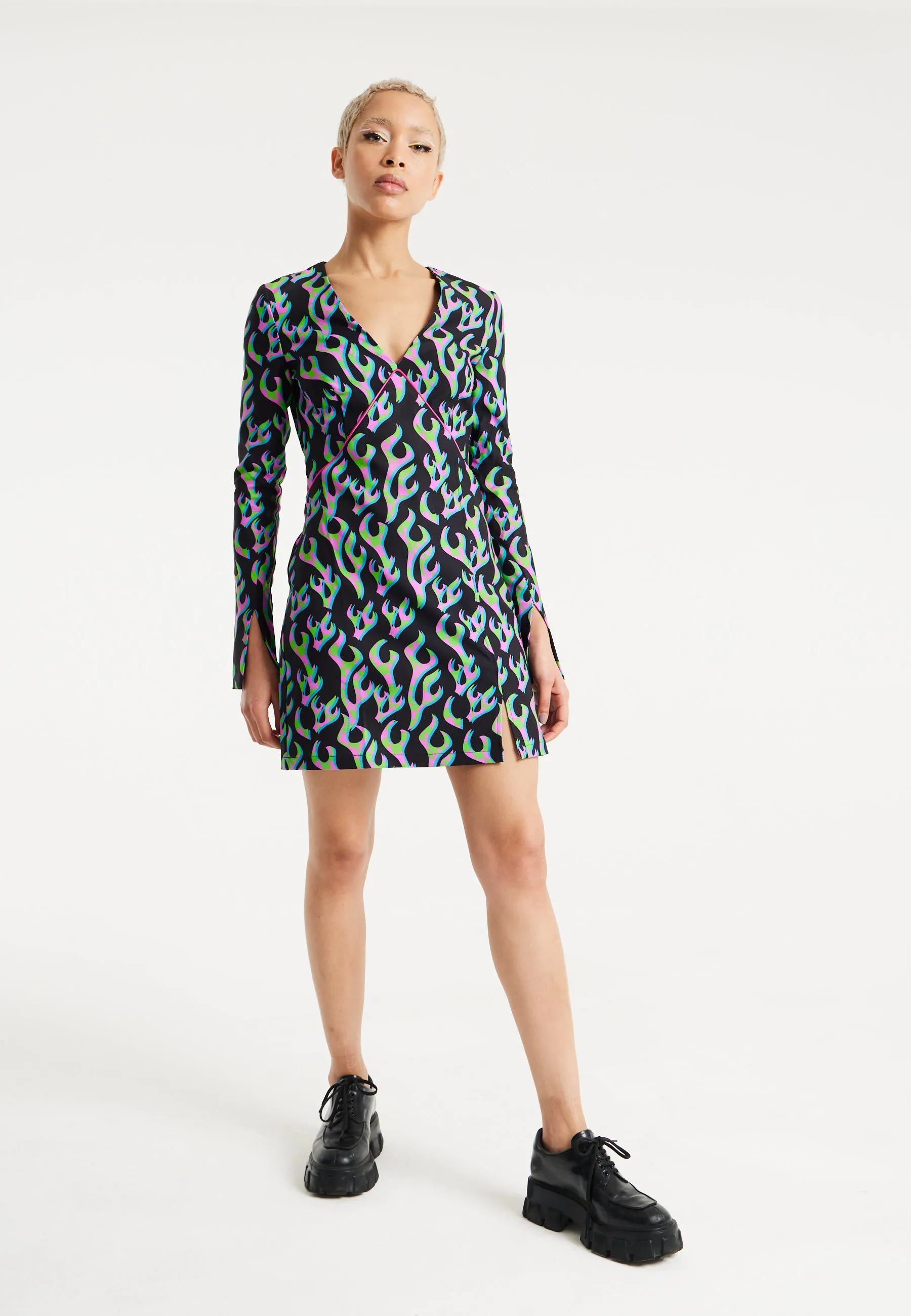 House Of Holland Neon Green And Pink Flame Print Long Sleeve Mini Dress