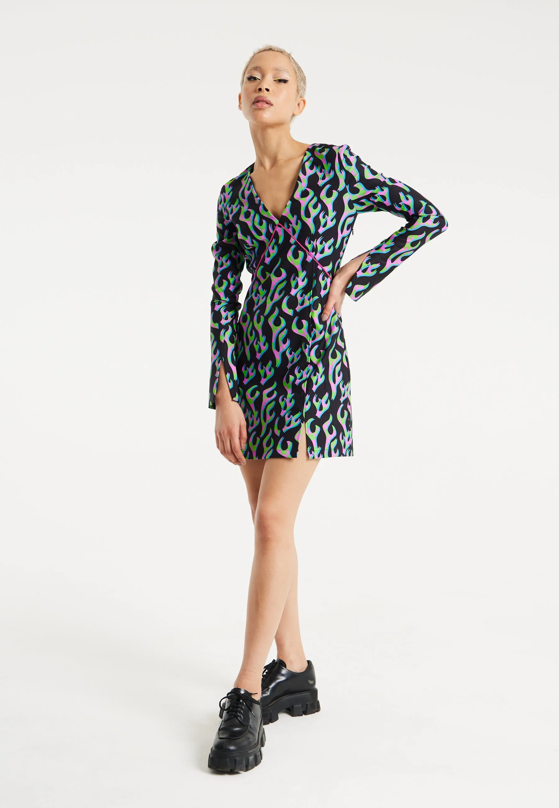 House Of Holland Neon Green And Pink Flame Print Long Sleeve Mini Dress