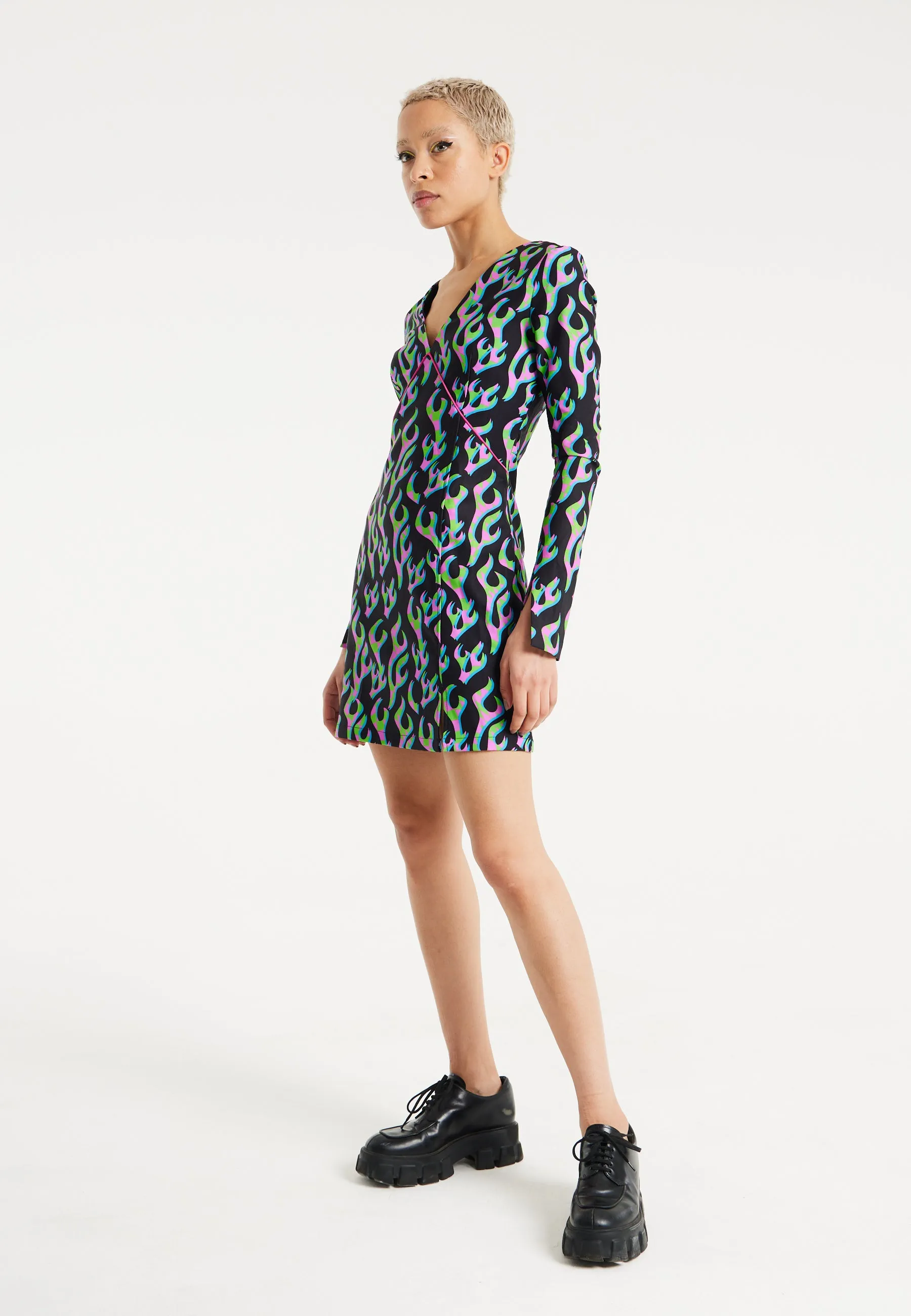 House Of Holland Neon Green And Pink Flame Print Long Sleeve Mini Dress