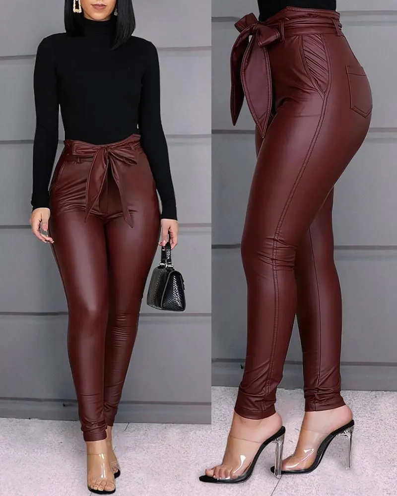 Skinny Tie Knot Belted Faux Leather Legging Pants